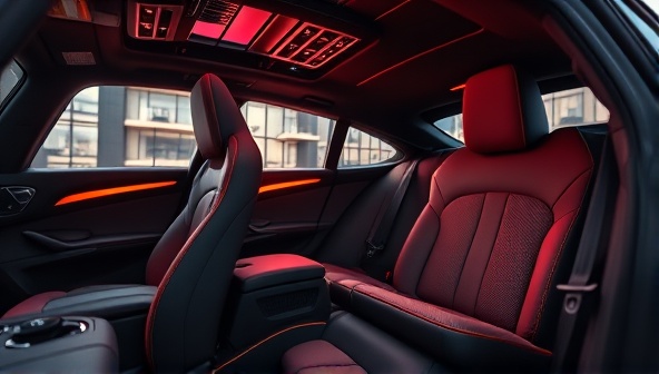 A stylish and customized car interior featuring premium upholstery, custom lighting accents, and high-end audio systems, showcasing the studio's expertise in creating personalized and visually striking driving environments for car owners seeking unique interior upgrades.