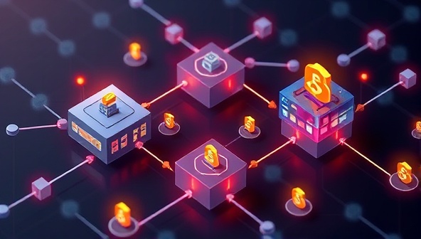 An artistic representation of interconnected blocks symbolizing blockchain technology, with loyalty reward tokens flowing securely between businesses and customers, illustrating transparency and trust in loyalty programs.