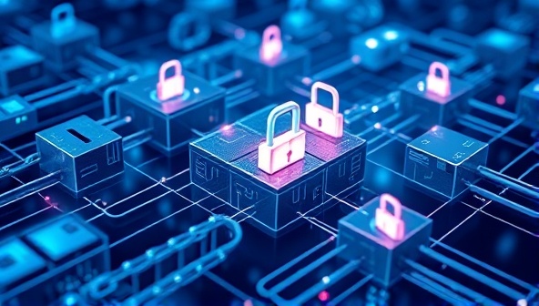 An abstract representation of interconnected blocks forming a digital marketplace ecosystem, with secure padlocks and transparent chains symbolizing blockchain technology, illustrating the trust, efficiency, and innovation of the decentralized web design platform.