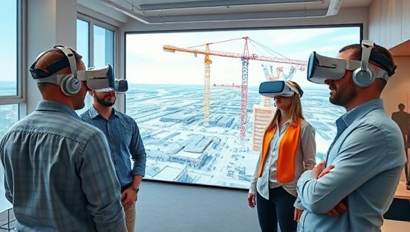 An office setting with architects and engineers wearing VR headsets, exploring a virtual construction site with detailed 3D models and interactive features, emphasizing the innovative and collaborative nature of VR construction simulations.