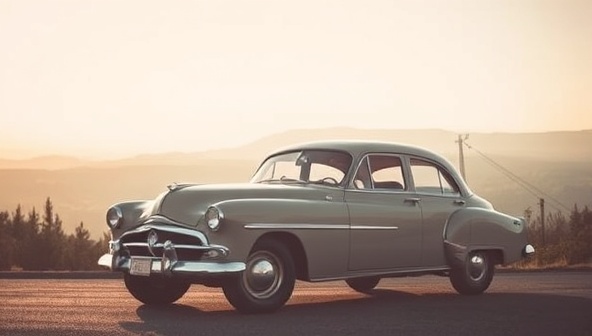 An atmospheric image of a beautifully restored vintage car parked in a scenic outdoor location, with soft natural lighting enhancing the classic lines and details of the vehicle, evoking a sense of timeless elegance and sophistication associated with RetroLens Rentals' vintage car photo shoot rental service.