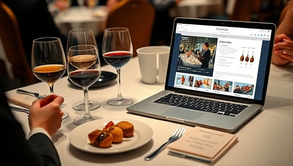An elegant table setting with wine glasses, gourmet bites, and tasting notes, accompanied by a laptop displaying a virtual food and wine pairing event with participants engaged in a guided tasting experience, conveying sophistication and culinary delight.