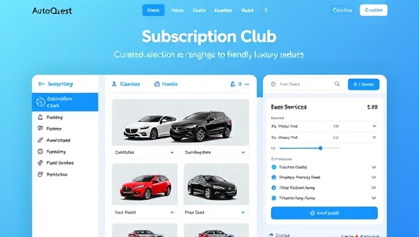 An online subscription platform interface showcasing a curated selection of vehicles ranging from eco-friendly hybrids to luxury sedans, with flexible subscription plans, add-on services, and a user-friendly dashboard for managing subscriptions and vehicle preferences, highlighting the convenience and variety of the AutoQuest Subscription Club service.