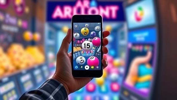 An AR visualization of a person holding up their smartphone to reveal a virtual lottery machine projecting colorful lottery balls and animations, creating an interactive and engaging AR lottery experience on AR Lotto Connect.