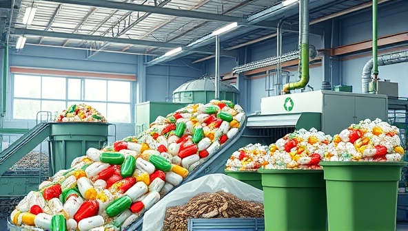 A visual representation of pharmaceutical waste being sorted and processed in a modern recycling facility, with workers wearing protective gear and machinery efficiently segregating different types of waste, symbolizing sustainability and eco-conscious practices.