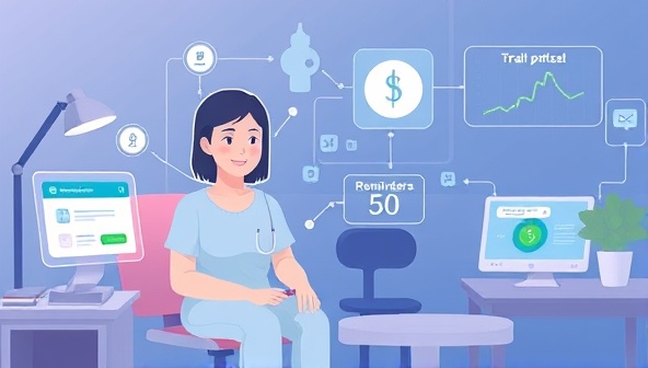 An illustration of a virtual companion avatar providing support to a patient in a clinical trial setting, with digital interfaces showing trial progress, reminders, and motivational messages, creating a virtual support ecosystem.