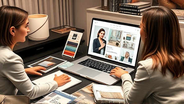 An elegant virtual interior design consultation scene featuring a designer presenting a digital mood board to a client on a laptop screen, surrounded by fabric swatches, paint samples, and decor catalogs, creating a sophisticated and visually appealing design atmosphere.