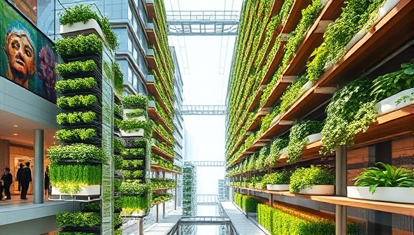 An architectural concept image showcasing a modern urban space with integrated vertical farming towers and green walls, illustrating the futuristic and sustainable vision promoted by SkyHarvest Solutions in transforming urban landscapes through innovative agriculture practices.