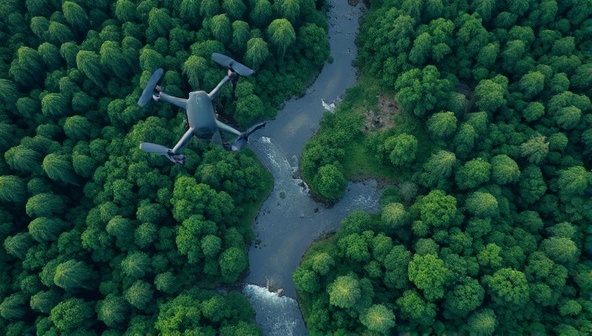An aerial view captured by a drone showcasing a lush forest landscape with wildlife, rivers, and vegetation, demonstrating the high-resolution monitoring capabilities of EcoWatch Drones for environmental conservation and biodiversity research.