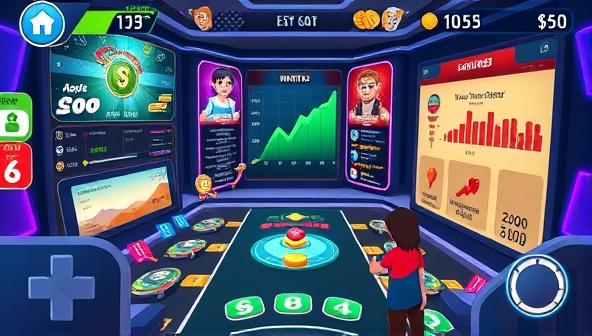 A dynamic gaming interface featuring colorful graphics, leaderboards, and investment-themed challenges, with virtual avatars engaging in gameplay that combines fun and financial education elements, attracting gamers and investors alike.