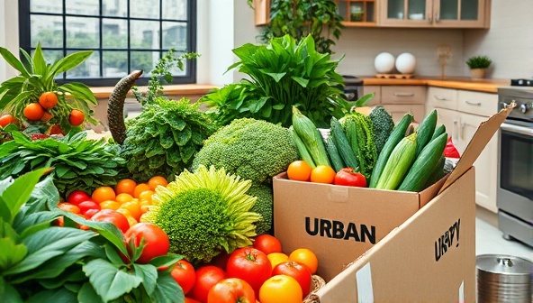 An urban garden bursting with colorful fruits and vegetables, with a delivery box filled with fresh produce placed in a modern kitchen setting, showcasing the convenience and freshness of the subscription service.