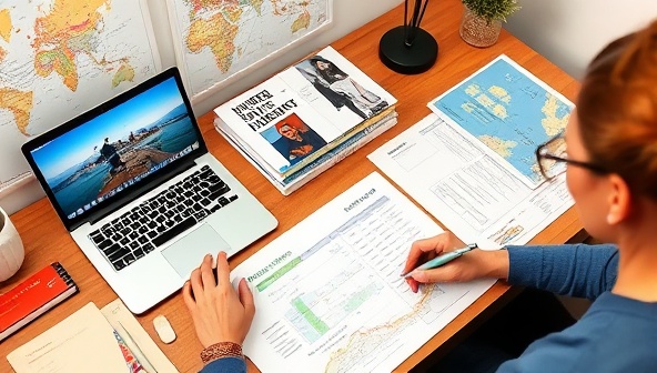 A desk setup with a travel planner curating a personalized itinerary, surrounded by destination guidebooks, maps, and a laptop displaying a scenic travel photo, showcasing the meticulous planning process and attention to detail involved in creating bespoke travel experiences for clients of WanderWise Concierge.