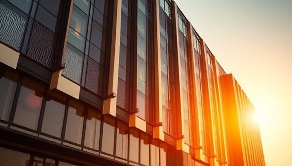 A striking architectural photograph featuring a modern building facade bathed in golden sunlight, highlighting the intricate details and textures of the architecture, with a professional photographer capturing the image from an artistic angle, emphasizing the beauty of the structure.