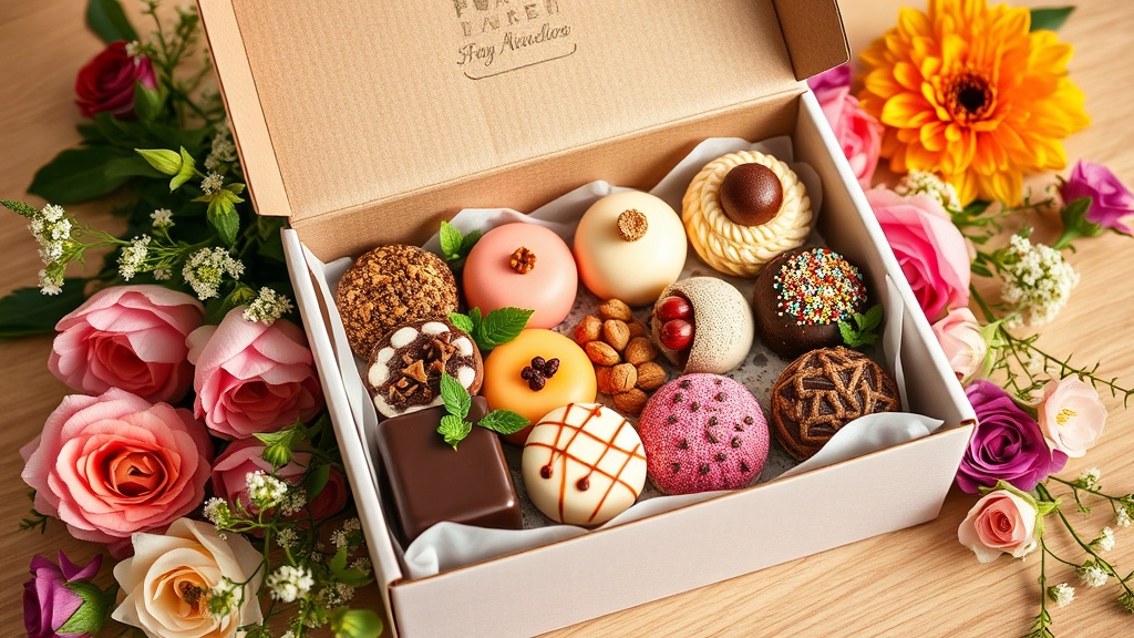 An elegant delivery box filled with an assortment of colorful plant-based desserts, surrounded by fresh flowers and greenery, creating a luxurious and guilt-free indulgence experience for customers.