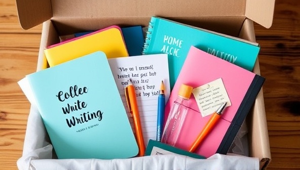 An aesthetically pleasing subscription box filled with writing essentials, colorful notebooks, inspirational quotes, and unique writing prompts, creating a sense of anticipation and delight for subscribers opening their personalized box.