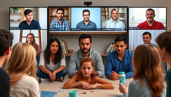 An educational webinar scene with a diverse group of participants engaging in a virtual pet first aid training session, displaying a blend of seriousness and learning in a digital learning environment focused on pet safety and rescue skills.