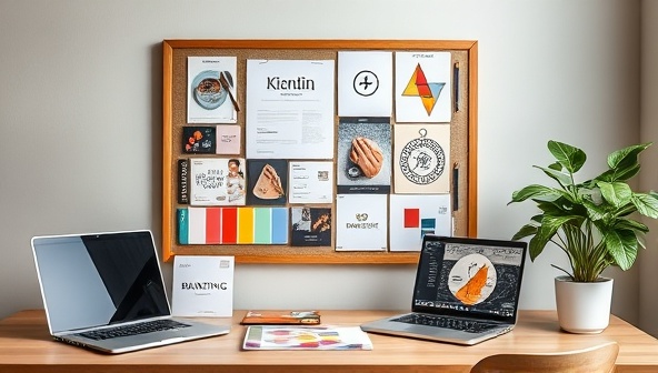 A modern workspace setup with a mood board displaying branding inspirations, surrounded by color swatches, branding books, a laptop with design software, and a plant, creating a creative and professional environment for virtual branding consultancy.
