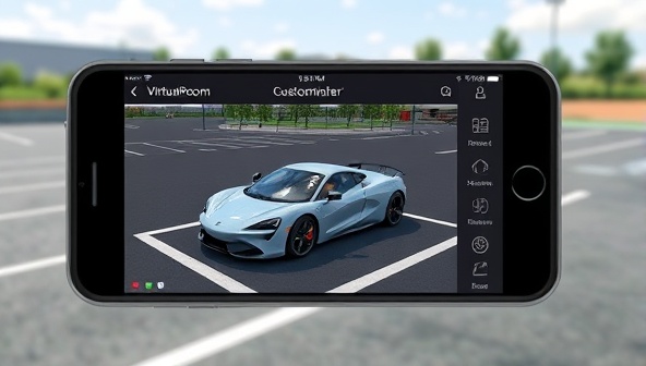 An illustration of a smartphone displaying the VirtualVroom Customizer app, with a virtual sports car overlaid on a real-world parking lot, demonstrating the app's customization features and the blend of virtual and physical reality.
