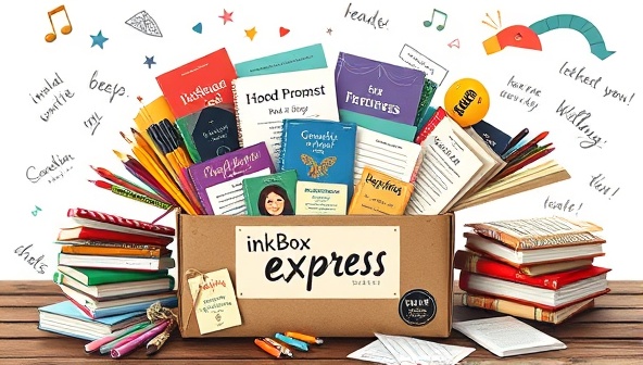 An artistic representation of an InkBox Express subscription box overflowing with colorful writing supplies, themed prompts, inspiring books, and handwritten notes, creating a visual feast of creative tools and resources to ignite the writing passion of subscribers.