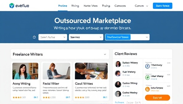 An engaging marketplace interface showcasing a variety of writing projects, profiles of freelance writers, client reviews, and a seamless payment system, conveying professionalism, diversity, and efficiency in outsourced writing collaborations.