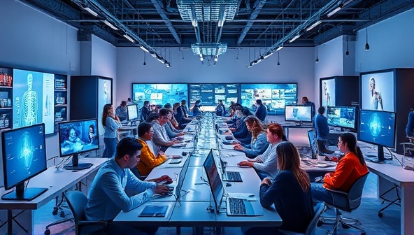 A dynamic innovation lab setting with diverse teams brainstorming, prototyping, and testing digital health solutions and medical devices, surrounded by futuristic tech gadgets, interactive screens, and a vibrant atmosphere of creativity and collaboration, symbolizing the future of healthcare innovation.