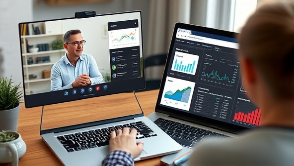 A digital financial coaching session featuring a coach discussing investment portfolios, budgeting strategies, and financial planning tools with clients via video call, a laptop displaying financial data, charts, and wealth-building resources, creating a dynamic and informative virtual financial coaching experience.