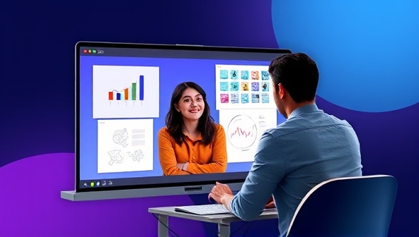 An online platform interface showing a mentor and mentee engaged in a virtual mentorship session, with design projects and sketches displayed on the screen, symbolizing guidance, collaboration, and skill development in the web design industry.