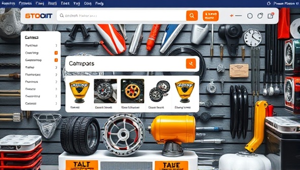 An engaging visual representation of a digital marketplace filled with various auto parts and accessories, with a search bar and filters for easy navigation, illustrating the platform's functionality and diverse offerings for car enthusiasts and DIY enthusiasts.