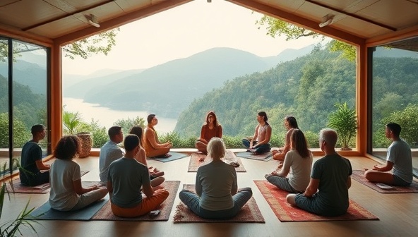 A serene virtual retreat setting with calming nature visuals, virtual meditation circles, and diverse participants engaging in mindfulness activities, creating a peaceful and inclusive mental wellness environment.