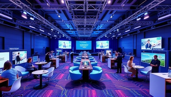 An immersive virtual event setup featuring a 3D-rendered conference hall with interactive booths, networking lounges, and engaging presentations, highlighting the platform's versatility and modern approach to event planning.