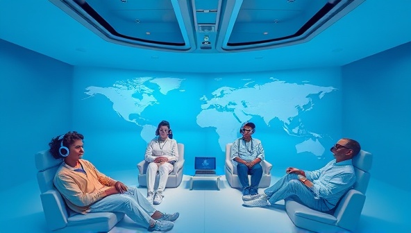 An immersive virtual reality simulation showing patients participating in clinical trials from diverse locations, highlighting the convenience and inclusivity of remote trial participation.