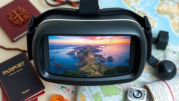 An immersive VR headset displaying a stunning virtual travel destination, surrounded by travel-related elements such as a passport, camera, and map, creating a sense of wanderlust and exploration.
