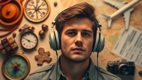 An artistic visualization of a person wearing headphones, listening intently to a travel podcast episode while surrounded by iconic travel symbols like a compass, camera, and plane ticket, capturing the immersive and auditory experience of adventure travel podcasts.