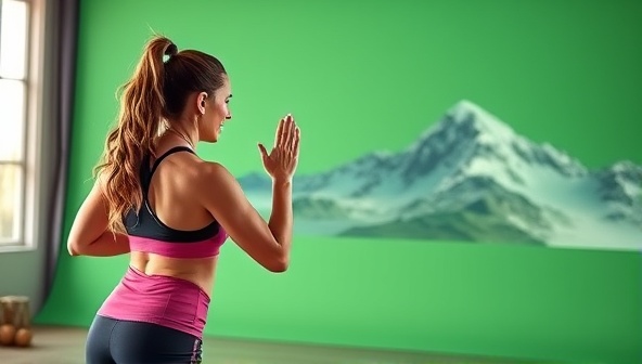 An energetic fitness instructor leading a virtual class with a green screen backdrop changing from a tropical beach to a mountain summit, illustrating the fusion of fitness and travel experiences in one dynamic session.