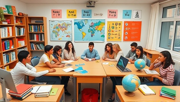 A virtual language classroom setting with diverse students engaging in language conversations and cultural activities, surrounded by language books, globes, and interactive language learning tools, fostering a vibrant and immersive language learning experience with Lingua Vista.