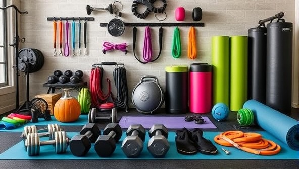 An energetic image of a diverse selection of fitness equipment neatly arranged in a home gym setting, including dumbbells, resistance bands, yoga mats, and workout accessories, inspiring subscribers to elevate their fitness routines with premium gear.