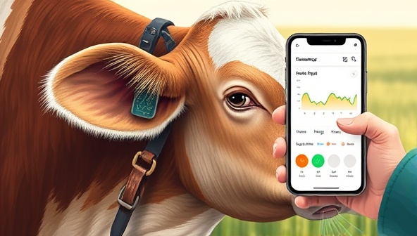 An illustration of a smart sensor attached to a cow's ear, transmitting real-time health data to a farmer's smartphone, with a digital dashboard displaying the animal's activity levels and vital signs, symbolizing efficient and proactive livestock management.
