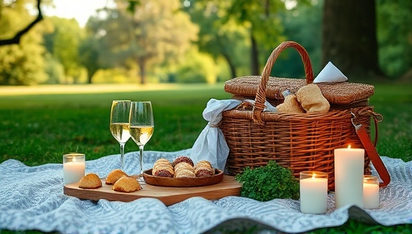 A romantic picnic setup in a lush green park with an elegantly styled picnic blanket, a wicker basket filled with gourmet treats, sparkling wine glasses, and flickering candles, creating a dreamy and sophisticated outdoor dining ambiance perfect for a special occasion.