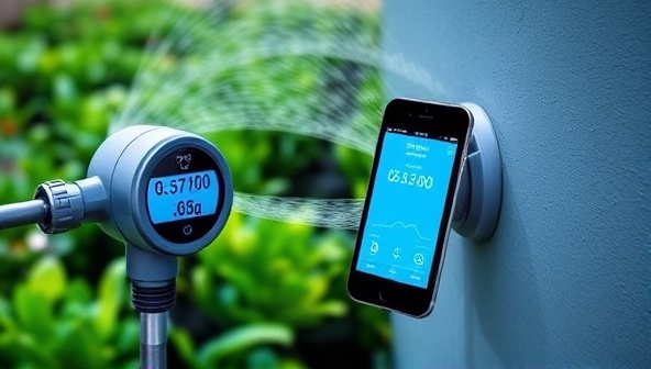 An artistic rendering of a digital water meter displaying real-time usage data on a smartphone, with a background showing a lush green garden being watered efficiently, highlighting the concept of smart water management and conservation.
