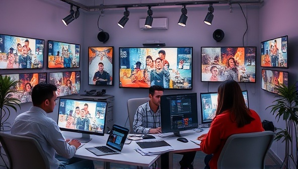An artistic virtual workspace with content creators brainstorming ideas, editing videos, and designing graphics for telecommunication brands, surrounded by screens displaying vibrant content samples and industry trends, reflecting the agency's creative and dynamic approach to content creation.
