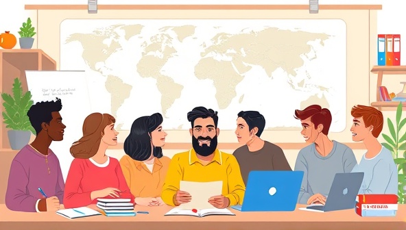 An illustration of a diverse group of people engaging in an online language lesson, with virtual classroom elements like a whiteboard, language textbooks, and a world map in the background, showcasing a dynamic and interactive learning environment.