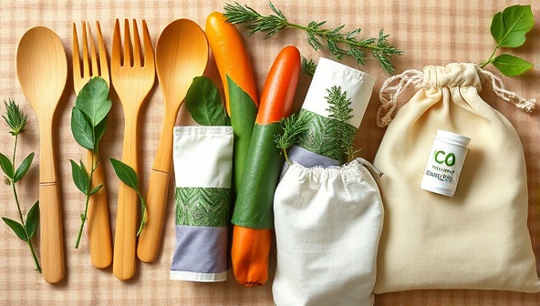 An artistic collage featuring a variety of colorful and reusable products such as bamboo utensils, beeswax wraps, and cloth produce bags, symbolizing sustainability and eco-conscious living.