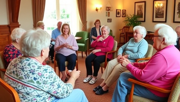 A vibrant and inclusive group of seniors participating in a seated exercise class, socializing over refreshments, and engaging in wellness discussions in a cozy club setting, radiating warmth and community spirit.