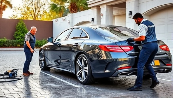 An upscale driveway with a luxury car receiving a meticulous detailing service, with professional cleaners in branded uniforms and state-of-the-art cleaning equipment, showcasing premium service and attention to detail.