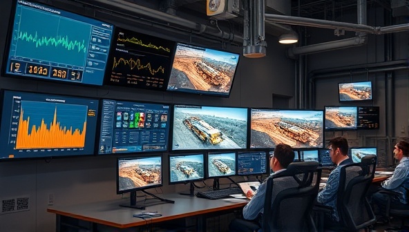 An industrial setting with a control room displaying multiple screens showing equipment performance metrics, maintenance alerts, and live feeds from mining sites, with technicians monitoring the data remotely, illustrating the efficiency and control of remote mining equipment monitoring.