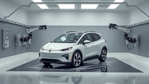 An autonomous vehicle parked in a sleek, futuristic garage, with robotic arms extending to clean its exterior, surrounded by a high-tech cleaning station, illustrating the cutting-edge technology of the service.