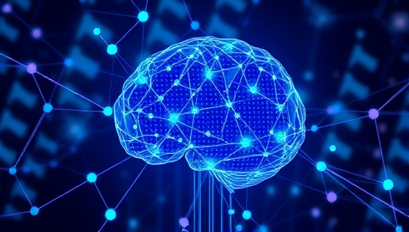 An abstract representation of artificial intelligence with interconnected nodes and data streams, symbolizing the smart algorithms and sophisticated technology powering the DebtGuardian AI platform.