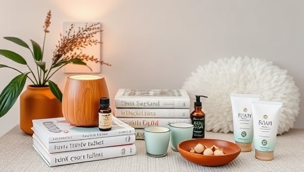A tranquil wellness setup with a soothing essential oil diffuser, a selection of mindfulness books, herbal teas, and self-care products from Zen Zone Essentials, creating a serene and rejuvenating atmosphere for subscribers to unwind and prioritize their well-being.