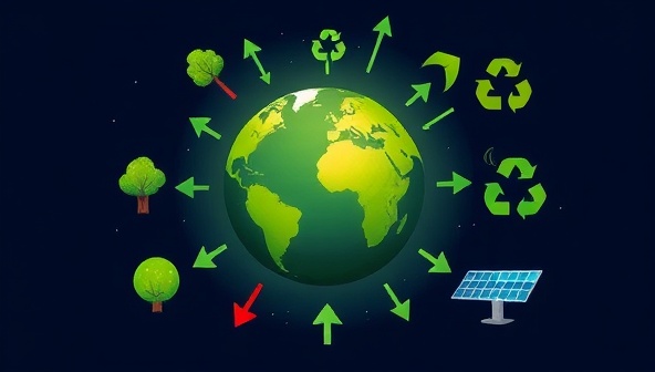 A digital illustration featuring a green planet Earth surrounded by eco-friendly symbols like trees, recycling arrows, and solar panels, representing the theme of environmental sustainability and education for a better future.