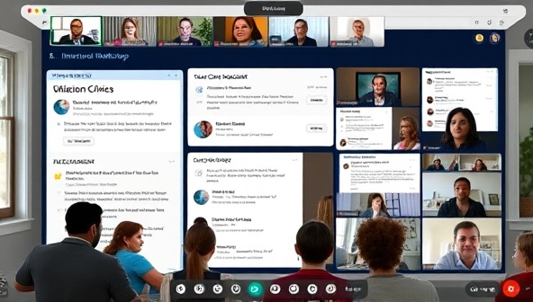 An online workshop scene showing a diverse group of participants engaged in a virtual civic education session, with interactive polls, quizzes, and discussions displayed on the screen, illustrating an immersive and inclusive learning environment.